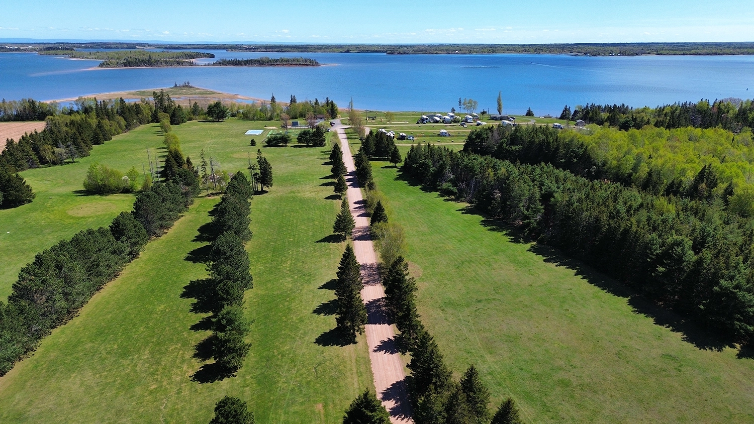 Tree-lined road through the campground down to the bay